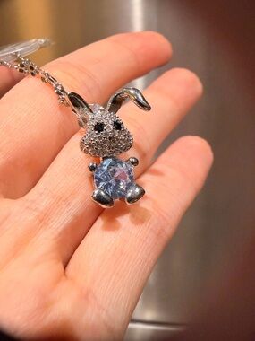 Crystal Bunny Pendant Necklace - Silver & Light Blue